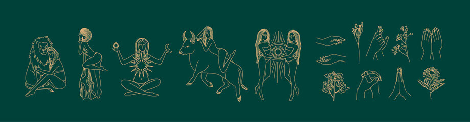 Wall Mural - collection of female silhouettes drawn by line. astrological symbols. mythical characters. mystical 