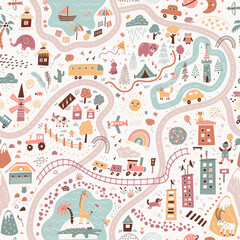 Children's World Map. Travel around the world play mat for Kids. Baby land map vector seamless pattern. Kid carpet with cute doodle roads, nature, city, village, forest, sea and wild animals etc