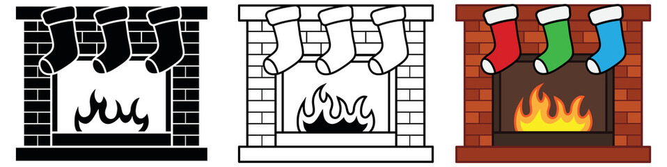 Wall Mural - Stockings Hung by Fire Clipart Set - Outline, Silhouette and Color