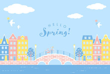 Vector Background With City Landscape With A Bridge And Colorful Houses Along The Canal For Banners, Cards, Flyers, Social Media Wallpapers, Etc.