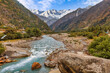Baspa mountain river valley with scenic landscape and Himalaya  snow peaks at Rakchham Himachal Pradesh, India