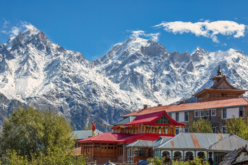 Himalaya mountain range with village houses at Kalpa, Himachal Pradesh India