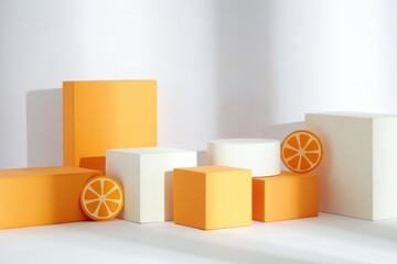 Front view of white and orange podium with and flower in a white background for advertising , abstract content