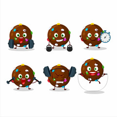 Sticker - A healthy chocolate candy cartoon style trying some tools on Fitness center