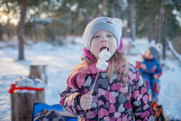 Portrait of happy girl eating fried marshmallows by the fire in snow-covered forest, winter trip at weekend. Family winter picnic, active lifestyle