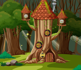 Wall Mural - Fantasy forest background with tree house