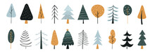 Winter Christmas Tree Set. Doodle Collection. Vector Illustration