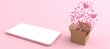 © Dimension Aesthetic - 3D rendering of Smartphone white screen surrounded by cardboard box with Many hearts are floating. Concept of Heart and love on a mobile phone and concept valentine day isolated on pink background.