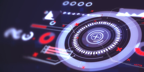 Poster - Abstract round interface with red cross on dark backdrop. Hud, future, safety and cyber attack concept. 3D Rendering.