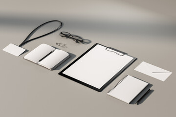 Poster - Top view and close up of empty office supplies on white table. Clipboard, notepad, bad, envelope. Mock up, 3D Rendering.