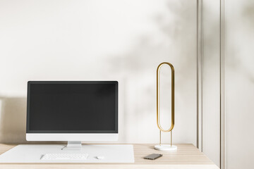 Aufkleber - Close up of modern designer desktop with empty black computer screen, keyboard, decorative items and other items on concrete wall background. Workplace concept. Mock up, 3D Rendering.