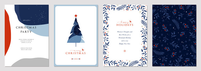 modern corporate holiday cards with christmas tree, birds, ornate floral frame, background and copy 