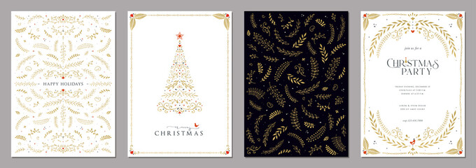 Wall Mural - corporate holiday cards with christmas tree, birds, ornate floral frames, luxury backgrounds and cop