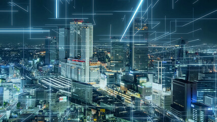 Fototapete - Smart city and electronics technology concept. Communication network.
