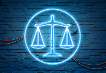 Wall Mural - law scale neon icon illuminating a brick wall with blue and pink glowing light 3d rendering