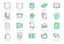 Printing House Line Icons. Vector Illustration Include Icon - Large Format, Brochure, Booklet, Typography, Guidebook, Calendar Outline Pictogram For Polygraphy. Green Color, Editable Stroke