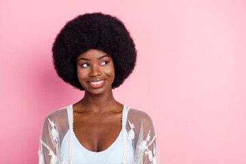 Sticker - Photo portrait curly woman smiling wearing white clothes looking blank space isolated pastel pink color background