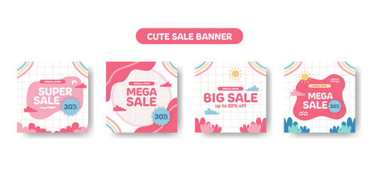 sale offer square promotion discount for kid children baby with cute kawai abstract memphis element pastel color