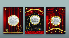 Show Time, Cinema And Theatre Hall With Seats Red Velvet Curtains. Shining Light Bulbs Vintage And Luxury Festival Flyer Templates, Golden Realistic Vector, Music Glowing Vintage Poster Design