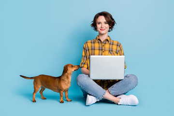Poster - Photo of lady sit floor typing laptop little dog companion wear plaid shirt jeans shoes isolated blue color background