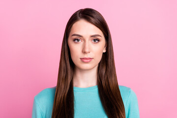 Sticker - Portrait of nice-looking attractive content girl wearing blue pullover isolated over pink pastel color background