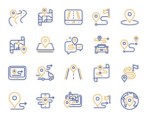 Road map line icons. Journey path, Route map and Trip distance. GPS street pin, Car route and Distance flag icons. Road trip, highway traffic and journey travel map. Navigation target pointer. Vector