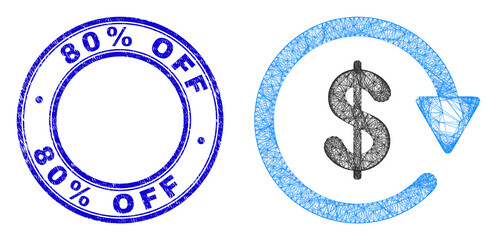 Canvas Print - Network irregular mesh dollar pay again icon, and 80% Off textured round seal. Abstract lines form dollar pay again picture. Blue stamp seal contains 80% Off title inside circle form.