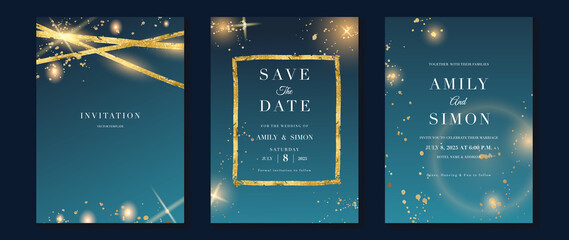 Star and moon themed wedding invitation vector template collection. Gold and luxury save the dated card with watercolor and gold sparkles and brush texture. Starry night cover design background.