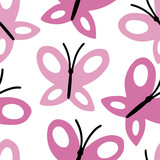Seamless pattern with pink butterflies in cartoon flat style on a white background. Vector illustration background.
