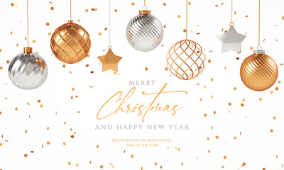 Merry Xmas white background with hanging balls and text. Christmas elegant banner or flyer in 3D rendering