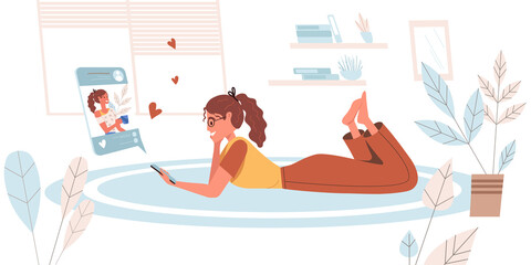 Aufkleber - Browse social network people concept in modern flat design. Woman looks and likes at photos, uses smartphone lying at floor. Online communication person scene. Vector illustration for web banner