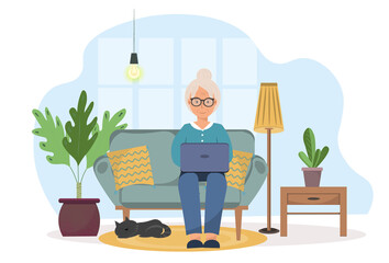 A grandmother sitting on the sofa with the laptop, chatting or working at home, domestic life concept, flat vector illustration