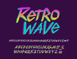 Retro Wave hand drawn type font and vector doodle alphabet - vector template. Set for print tee and poster design. Handwritten fashion lettering. Vintage grunge type font