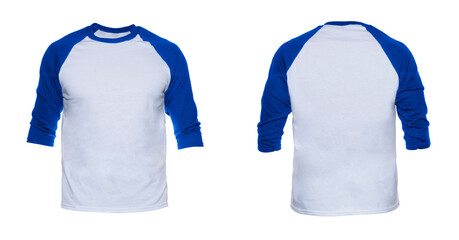 Sticker - Blank sleeve Raglan t-shirt mock up templates color white/blue front and back view on white background

