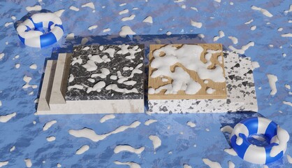 3d background with 2 marble podium and stairs on the side covered with snow seen from above, winter theme