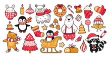 Big Winter Collection Of Cute Cartoon Animals. Llama, Polar Bear, Bunny On Skates, Penguin On Sleds, Chicken, Raccoon. Set Of Christmas Stickers, Prints, Vector Isolated Illustration.
