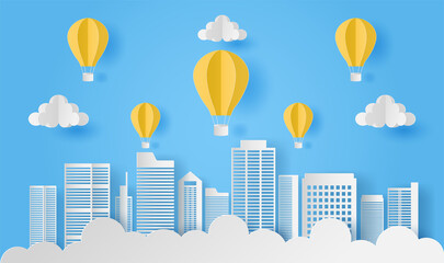 Wall Mural - Skyscraper with yellow hot air balloons and cloud, Modern city skyline building for poster, postcard, background, Paper art style. Vector illustration