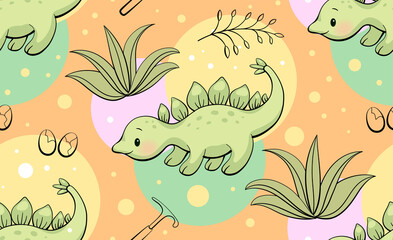 Seamless pattern with cute dinosaur. Stegosaurus in kawaii style. Vector