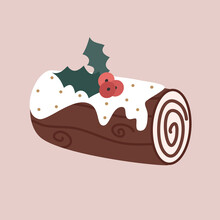 Cute Cartoon Holidays Yule Log Dessert Illustration Isolated On Pink Background