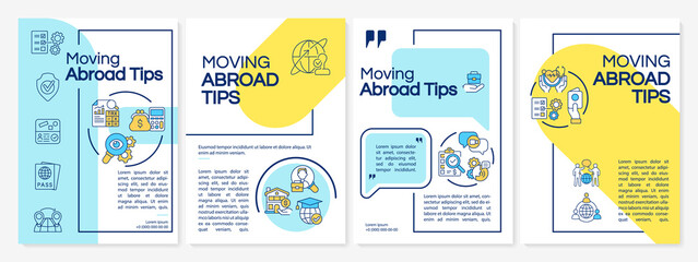 Moving abroad tips yellow, blue brochure template. Flyer, booklet, leaflet print, cover design with linear icons. Vector layouts for presentation, annual reports, advertisement pages