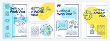 Getting Work Visa Yellow, Blue Brochure Template. Live Abroad. Flyer, Booklet, Leaflet Print, Cover Design With Linear Icons. Vector Layouts For Presentation, Annual Reports, Advertisement Pages