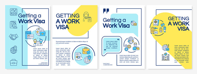 Getting work visa yellow, blue brochure template. Live abroad. Flyer, booklet, leaflet print, cover design with linear icons. Vector layouts for presentation, annual reports, advertisement pages