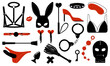BDSM sex set for role play. Toys and accessories for adults. Masks and whips, handcuffs, gag, collar,belt. Black and red vector images in a flat style.