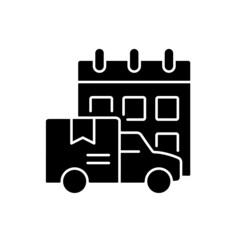 Sticker - International orders shipping schedule black glyph icon. Cargo truckload delivery on-time. Shipment service for clients comfort. Silhouette symbol on white space. Vector isolated illustration