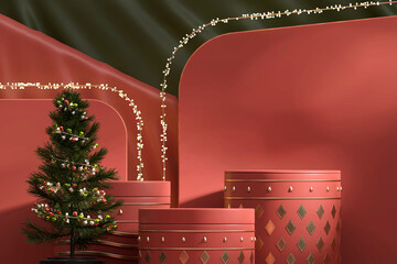 Wall Mural - Merry Christmas event product display podium with decoration background 3d rendering