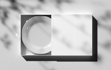 White plate template, ceramic tableware 3D rendering, in an open box with realistic shadows on the background, top view.