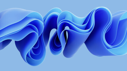 Wall Mural - 3d render, abstract fashion background with blue wavy ribbons, folded cloth macro