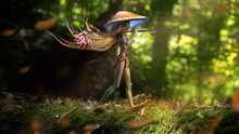 A Charming Young Dryad Girl With A Mushroom Head Carelessly Travels Through A Green Forest With A Small Bag On A Stick, She Has Long Blonde Hair, Her Heels Walk On Green Moss. 3d