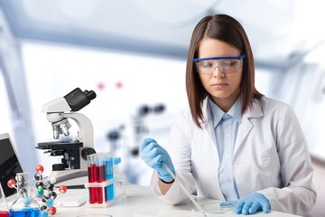 Poster - Serious concentrated young medical scientist, pharma chemist, biotech company employee, lab assistant