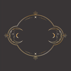 vector mystical celestial sticker with a golden frame with stars, two crescents with sleeping faces 